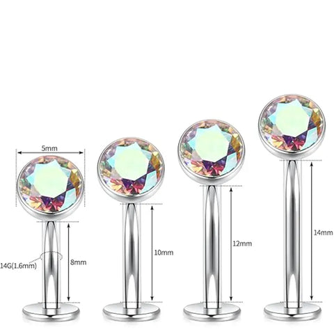 G23 Round Flat Bottom Belly Button Nail 1.6*10*5 Silver White AB Zircon