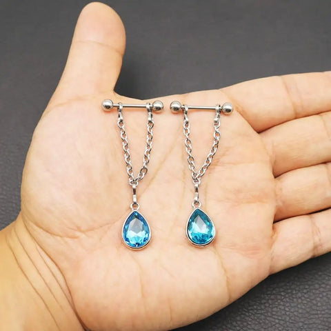 Dangle Nipple Rings with Blue Gemstone Pendant 3