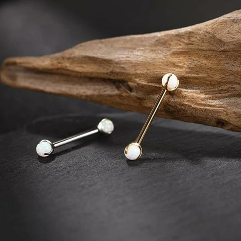 GAGABODY 14G Nipple Piercings Gold Nipple Rings Nipple Barbells With White Opal Internally Threaded Tongue G23 Titanium Nipple Jewelry Prong Set Nipple Ring 12mm Nipple Piercing