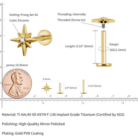 16G North Star Titanium Piercing for Tragus Helix Lobe