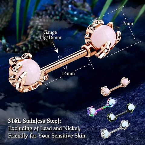 14G Dragon Claw Nipple Rings – 2PCS Pink Opal Barbells