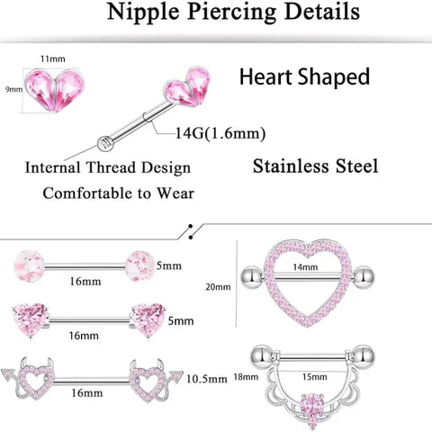 6 Pairs Nipple Rings Set – Cute CZ Hearts, Moons & Flowers