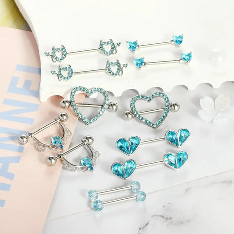6 Pairs Nipple Rings Set – Cute CZ Hearts, Moons & Flowers