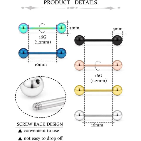 24PC Mixed Color 14G & 16G Surgical Steel Tongue Rings Set