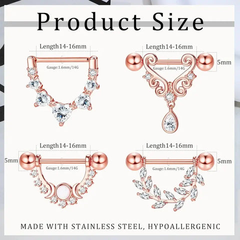 4 Ps Nipple Rings Set – Heart, Moon, Leaf & CZ Designs