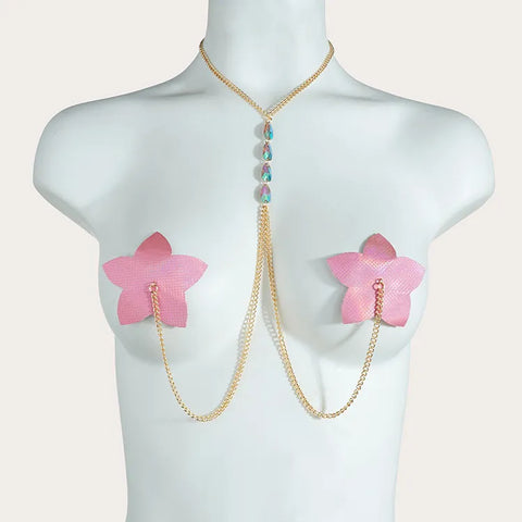 Bold and avant-garde pink floral chest chain